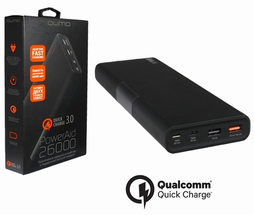 Переносное Зарядное устройство Power bank 5V 2A/9V 2A 26000mAh with 2 USB out Qumo USB 3.0 Type-C QC